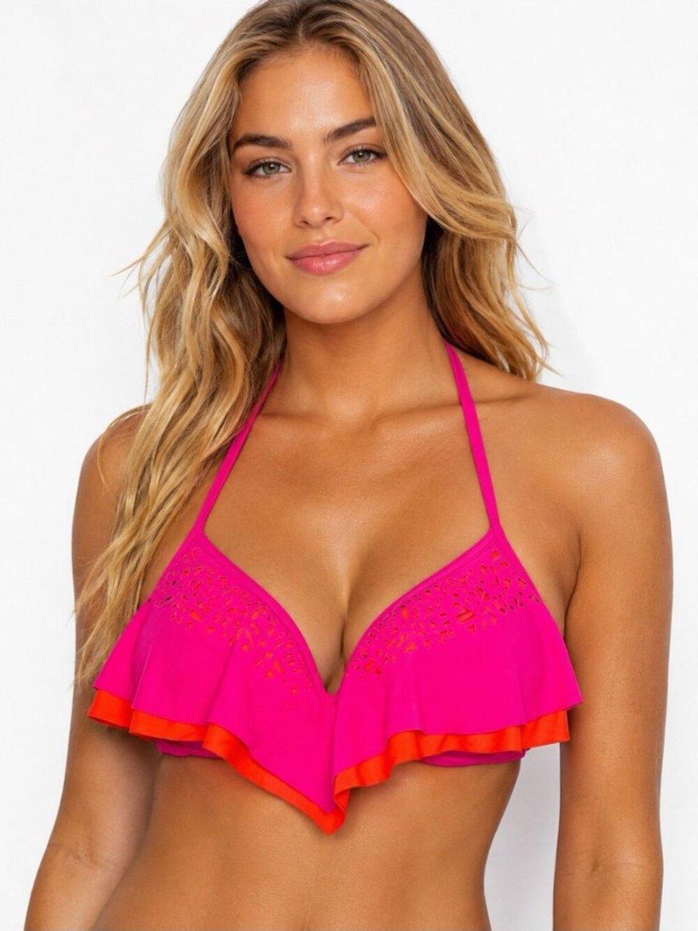 Victoria’s Secret PINK Bikini Top L Large Neon Pink Orange Ruffle Halter Swim